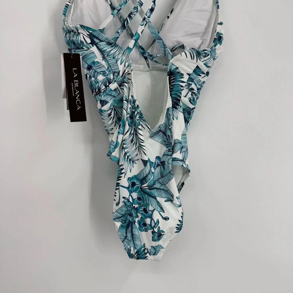 La Blanca One Piece Swimsuit Size 12 NWT Strappy Tropical Leaf Tummy Control - Picture 8 of 11